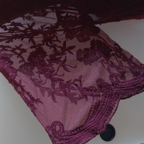 Embroidered Crochet Burgundy Open Front Duster Kimono L Indie Boho Festival - Picture 3 of 12